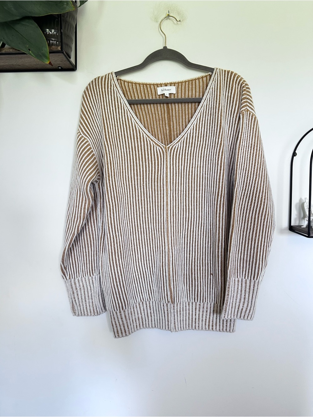 Bohme Brown & Cream Striped Knit V Neck Long Sleeve Sweater Size Large